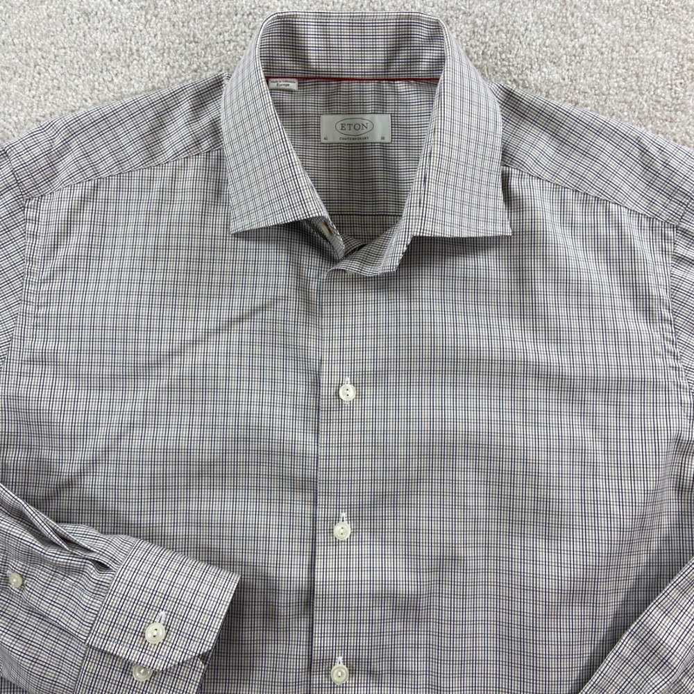 Eton Dress Shirt Mens 16 41 Brown Blue Micro Check Contemporary Fit Long Sleeve